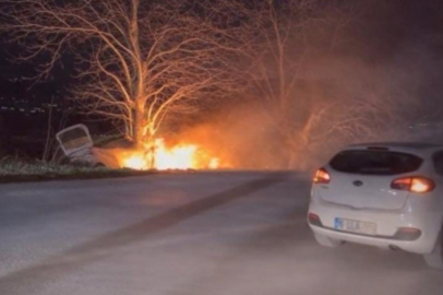 Bursa'da kontrolden çıkan otomobil önce ağaca çarptı sonra alev aldı