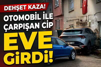 Otomobil ile çarpışan cip eve girdi