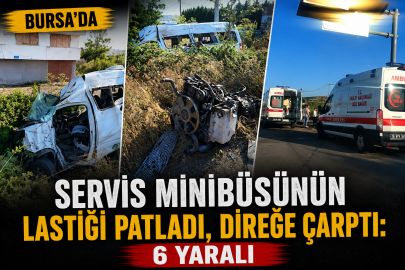 Servis minibüsünün lastiği patladı, direğe çarptı: 6 yaralı